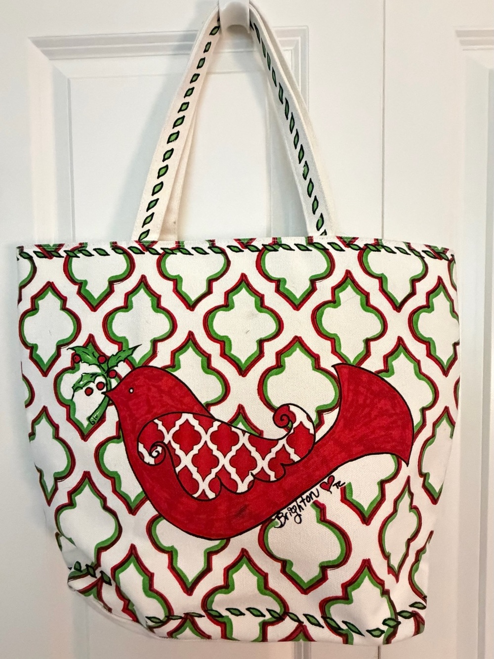 Canvas Holiday Red & Green Bird Tote Bag